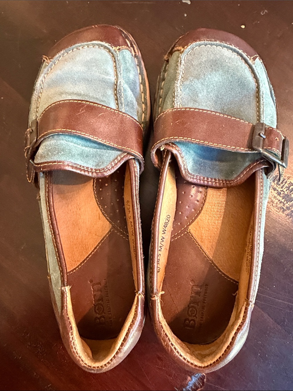 Born Brown Leather and Sage Suede Buckle Loafers